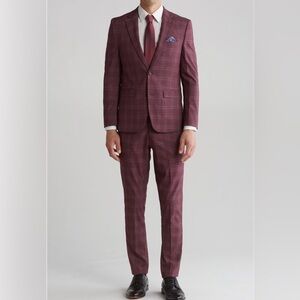 New Men's 3pc Burgundy rose plaid Checkered Suit Capucci slim 38S